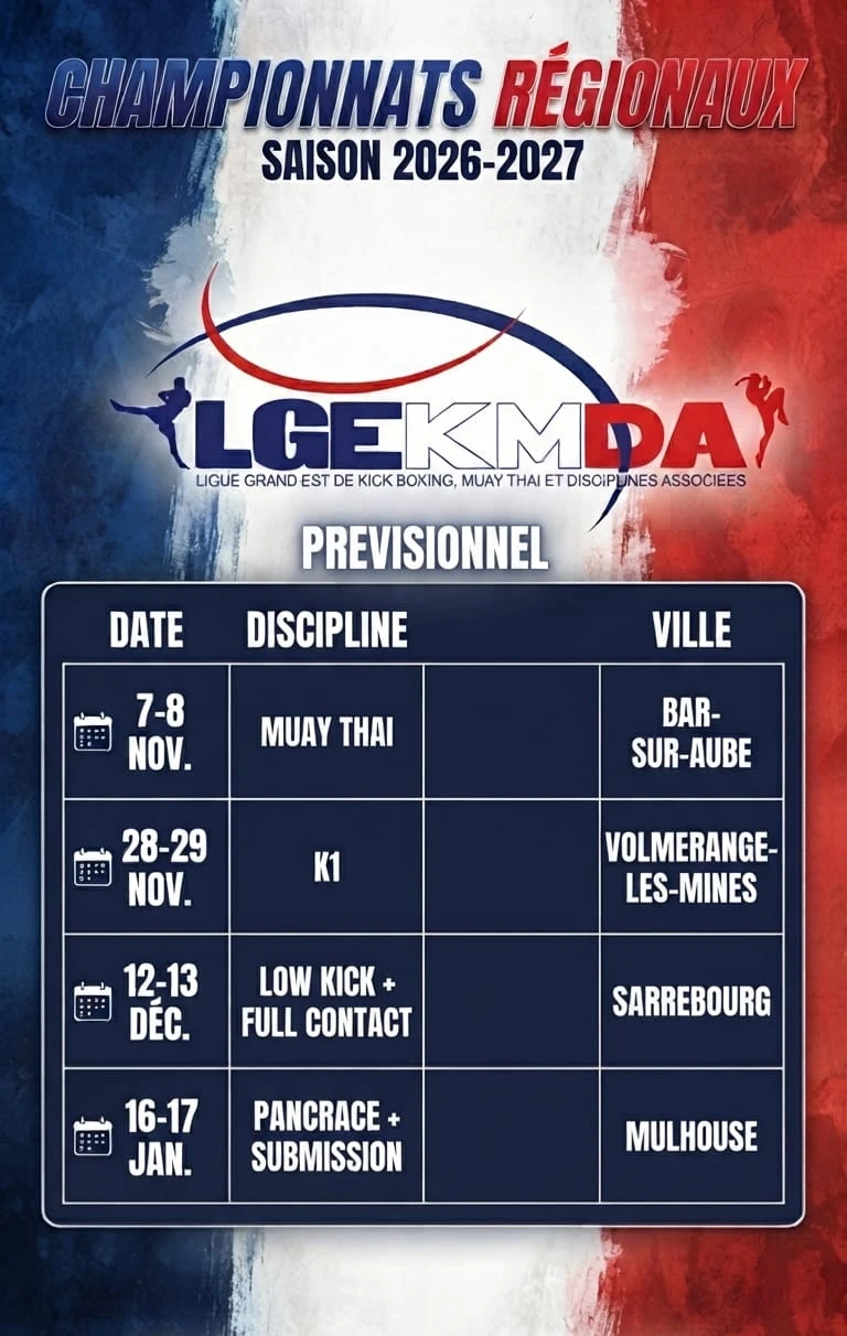 Calendrier officiel prévisionnel Ligue Grand Est 2026–2027 : muay thaï les 7 et 8 novembre à Bar-sur-Aube
